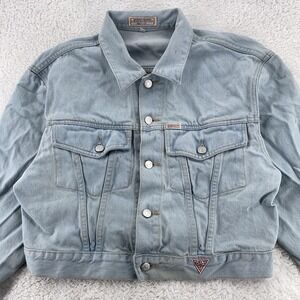 Vtg Guess Jeans Jacket CROPPED Small Denim Trucker Made USA Georges Marciano 90s